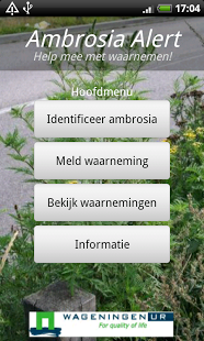Startscherm ’Ambrosia Alert’ App (foto: Wageningen UR)
