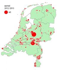 Verspreiding van de Pontische meeuw in de winter van 2012-2013. Duidelijk zichtbaar zijn de vuilnisbelten van Oss en Barneveld (kaart: Waarneming.nl)