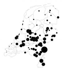 Verspreiding van trekkende Gaaien over Nederland, najaar 2010 (bron: www.trektellen.nl)