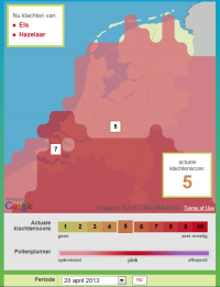 Verwachting van de start van het berkenpollenseizoen in Nederland (roze is begin van seizoen en rood is hoofdseizoen). Verwachting gemaakt op 6 april 2013 (bron: Allergieradar.nl)