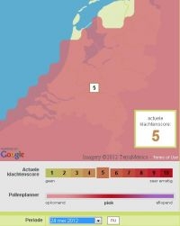 Verwachting voor de start van het graspollenseizoen op 24 mei 2012. Gemaakt op 11 mei 2012 (Bron: Allergieradar.nl)