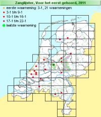 Waarnemingen van eerste zang zanglijster doorgegeven op www.natuurkalender.nl van 1 tot 21 januari 2011 (Bron Natuurkalender.nl)