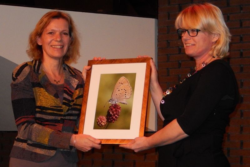 Namens Soortenbescherming Nederland overhandigt Titia Wolterbeek, directeur van De Vlinderstichting, een foto van een pimpernelblauwtje aan Yolande van der Meulen, directeur Ecologie van de provincie (foto: Kars Veling)