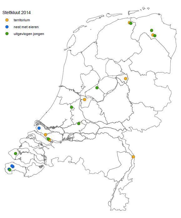 Verspreiding van de Steltkluut in Nederland in 2014 (kaart: Sovon Vogelonderzoek Nederland)
