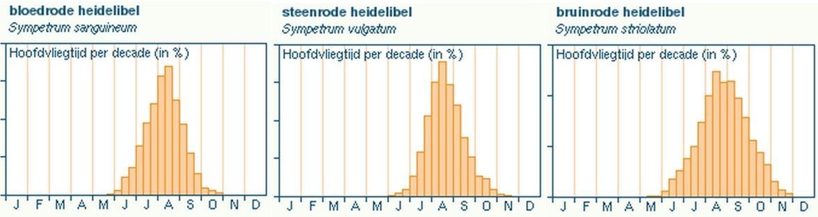 Vliegtijden van de drie heidelibellen (bron: libellennet)