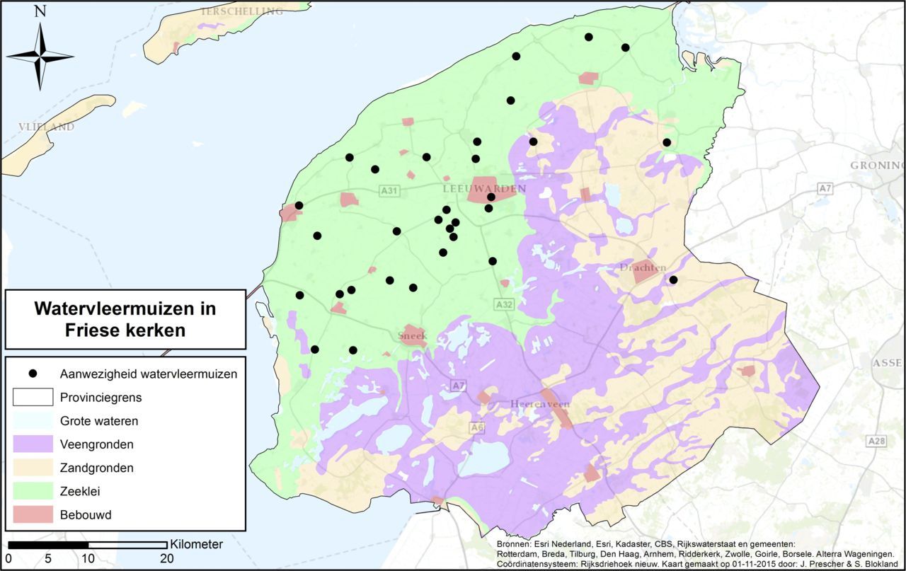 Locaties met watervleermuizen bevonden zich vooral op de zeekleibodem (kaart: Johann Prescher)