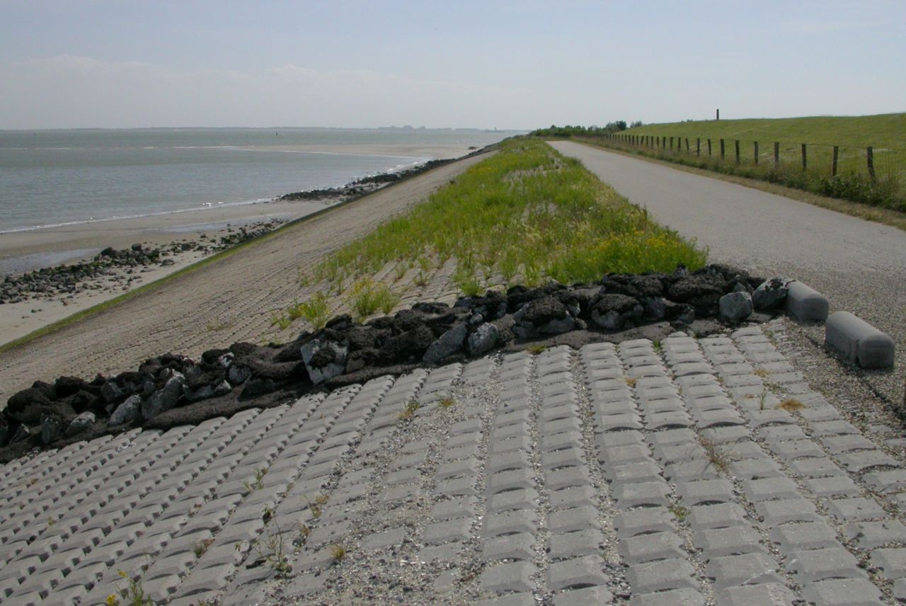 Westerscheldediijk bij Ritthem: recent (voorgrond) en circa 5 jaar geleden (achter) vervangen steenbekleding (foto: Peter Meininger)