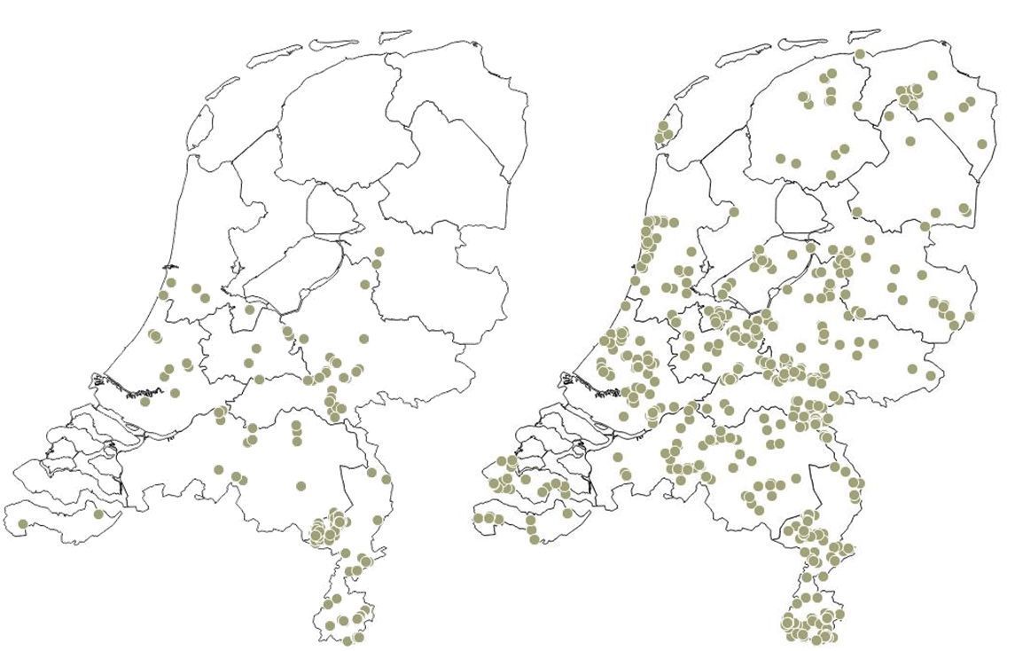 Links de waarnemingen van zwartvlekwinteruil van 2005 tot en met 2008, rechts van 2009 tot nu (bron: NDFF)